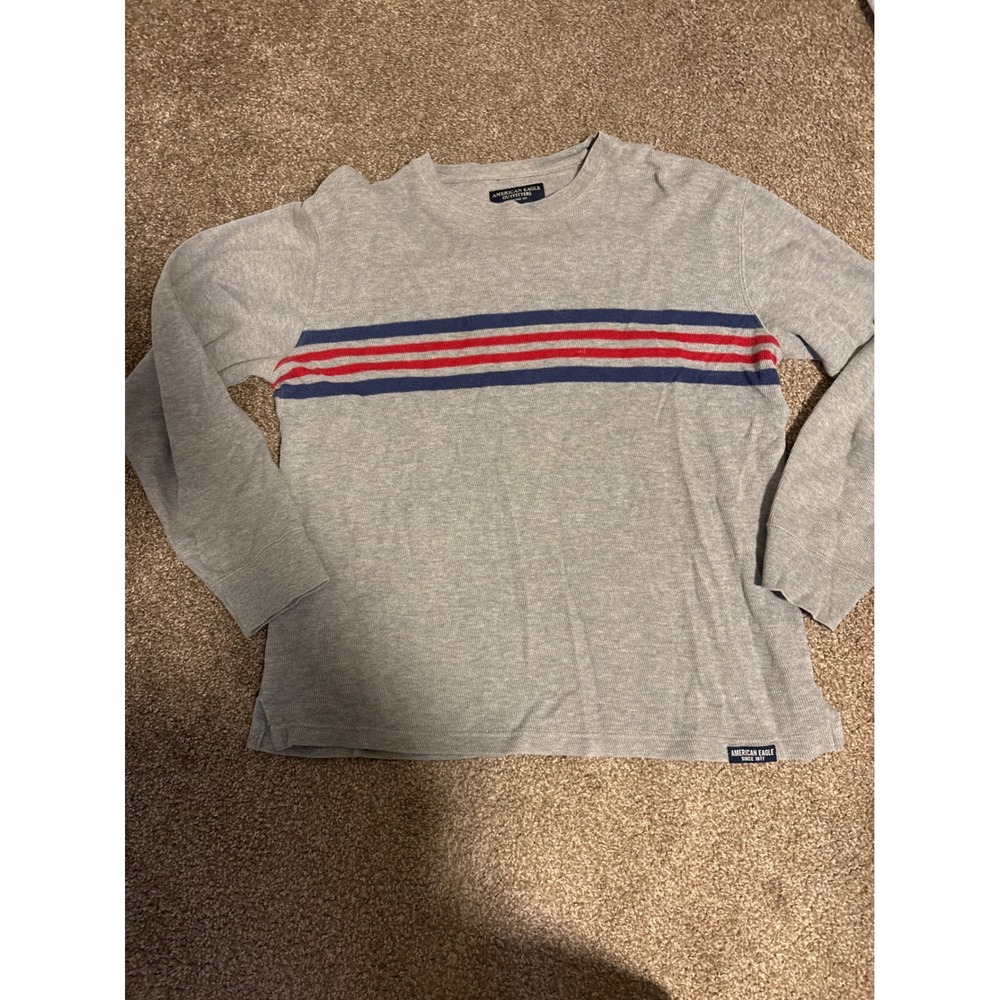American Eagle Thermal Shirt Mens XS Gray Excellent Striped Long Sleeve Waffle